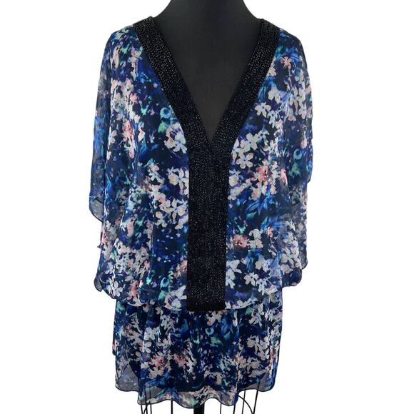 Badgley Mischka Blue Pink Floral Print V-Neckline Beaded Swimsuit Cover Up Sz L - Picture 1 of 6